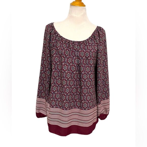 Bobeau Relaxed Top Blouse Tile Print Medallion Boat Neck Top Burgundy Size S - Picture 1 of 13